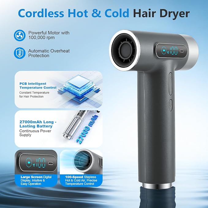 Sèche-Cheveux Sans Fil USB-C Rechargeable 200W – Mini Sèche-Cheveux Portable avec Écran Numérique – 3 Températures – Hair Dryer Voyage Compact