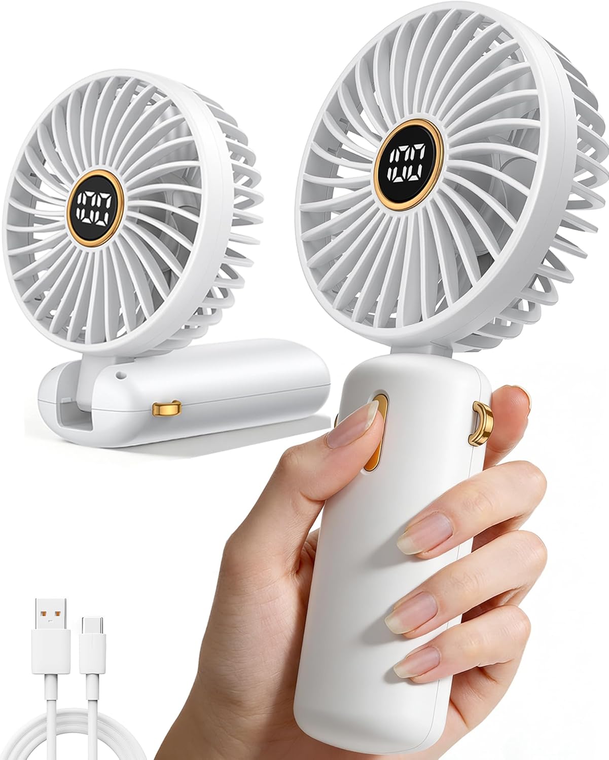 Ventilateur portable rechargeable USB pliable 3 vitesses avec écran numérique, mini ventilateur à main silencieux, ventilateur de bureau et de voyage
