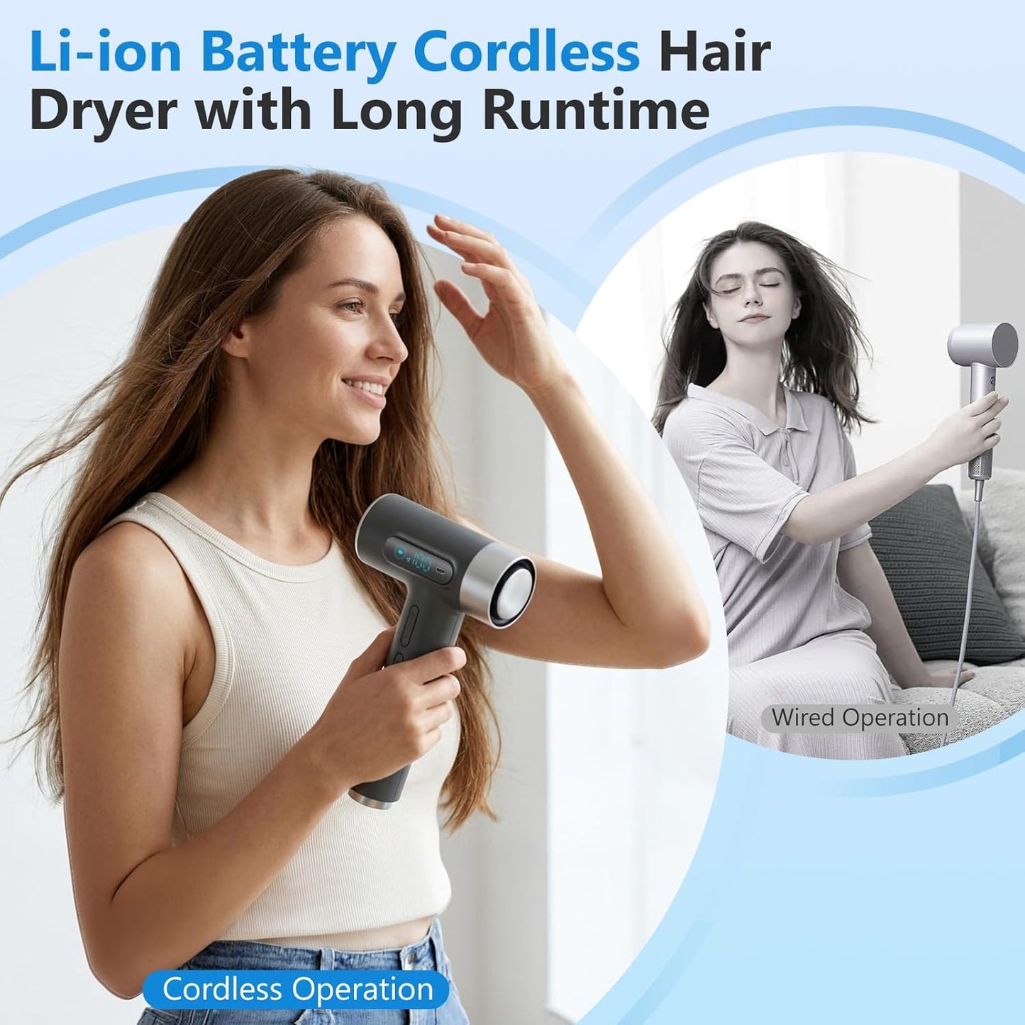 Sèche-Cheveux Sans Fil USB-C Rechargeable 200W – Mini Sèche-Cheveux Portable avec Écran Numérique – 3 Températures – Hair Dryer Voyage Compact
