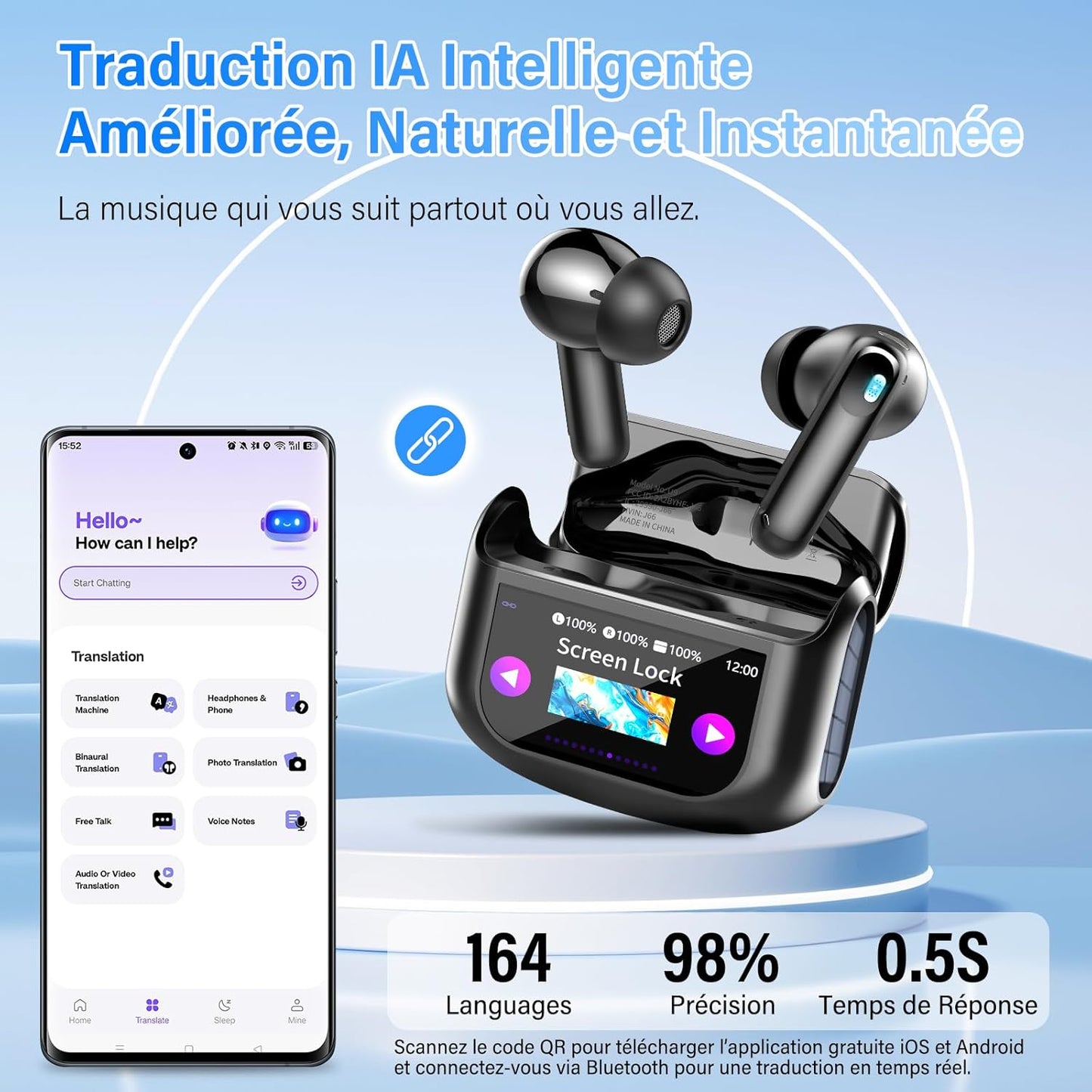 Écouteurs Traducteurs IA 164 Langues – Bluetooth 5.4, Écran LED, ANC/ENC, IPX7, Autonomie 48 h