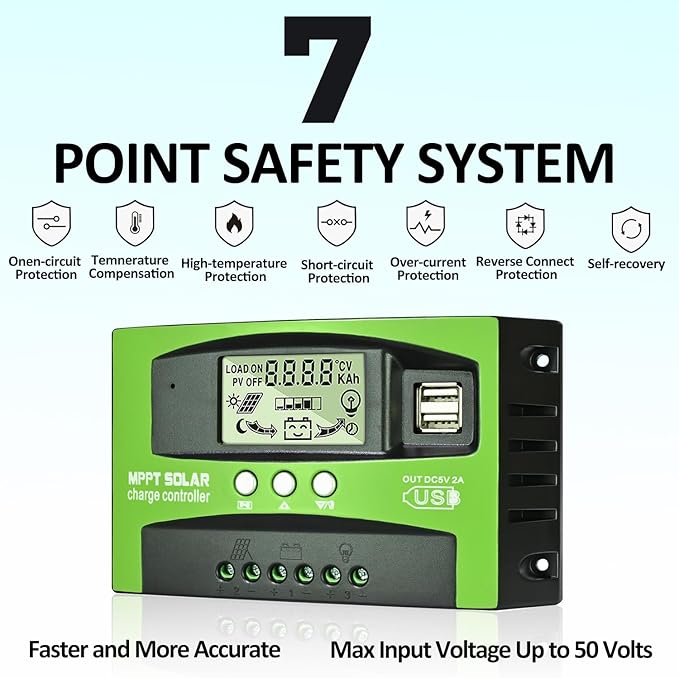Régulateur de charge solaire MPPT 100A 12V/24V – Contrôleur batterie solaire avec écran LCD, sonde température, ports USB