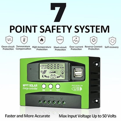 Régulateur de charge solaire MPPT 100A 12V/24V – Contrôleur batterie solaire avec écran LCD, sonde température, ports USB