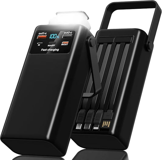 Batterie Externe 60000mAh Power Bank PD45W Charge Rapide USB-C – 4 Câbles Intégrés, Lampe LED, Affichage Digital