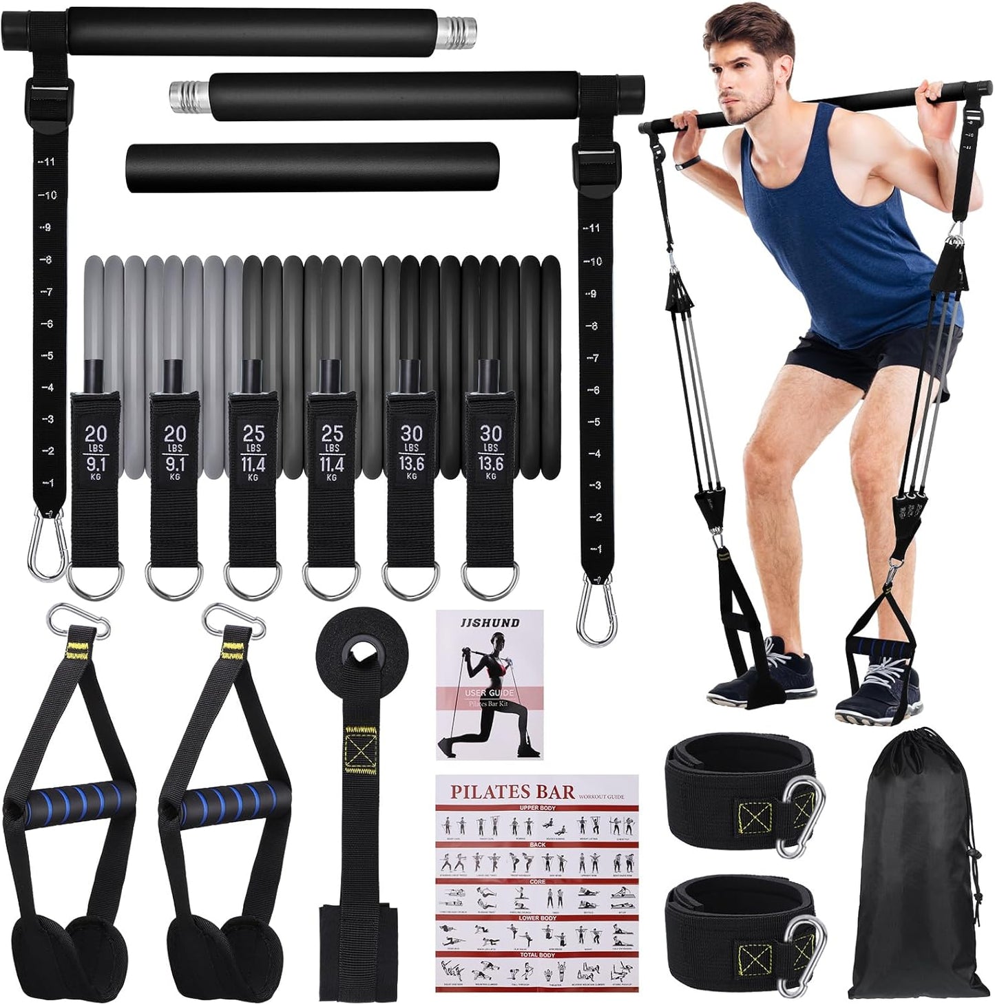 Kit Barre de Pilates avec 6 Bandes de Résistance Élastiques – Ensemble Fitness et Musculation Portable pour Yoga, Squat et Renforcement Musculaire
