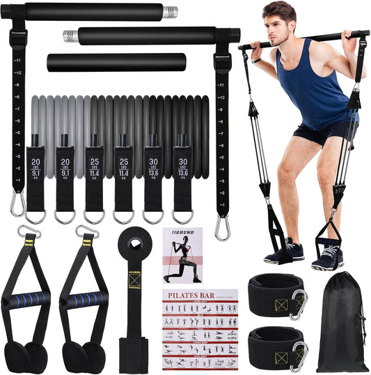 Kit Barre de Pilates avec 6 Bandes de Résistance Élastiques – Ensemble Fitness et Musculation Portable pour Yoga, Squat et Renforcement Musculaire