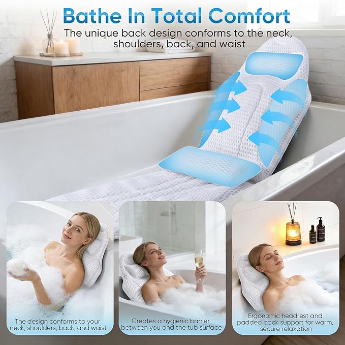 Coussin de Bain Full Body avec Appui-Tête et Support Lombaire – Tapis de Baignoire 5D Antidérapant avec Ventouses – 142 x 48 cm