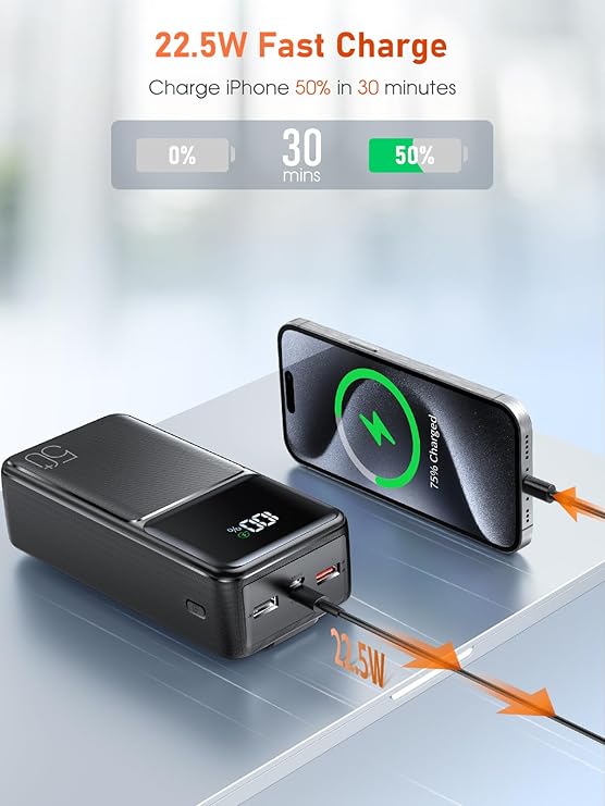 Batterie Externe 50000mAh Charge Rapide QC 22.5W PD20W Écran LED 5 Ports USB + USB-C Power Bank Portable Smartphone iPhone Android Camping – Noir