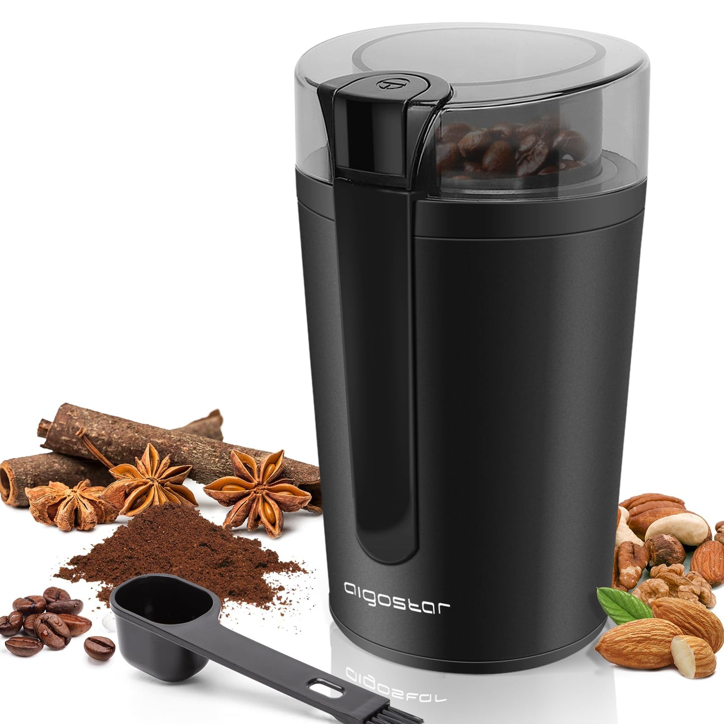 Moulin à café électrique 200W broyeur grains inox, capacité 60g, broyage rapide, compact, pour café, épices et fruits secs
