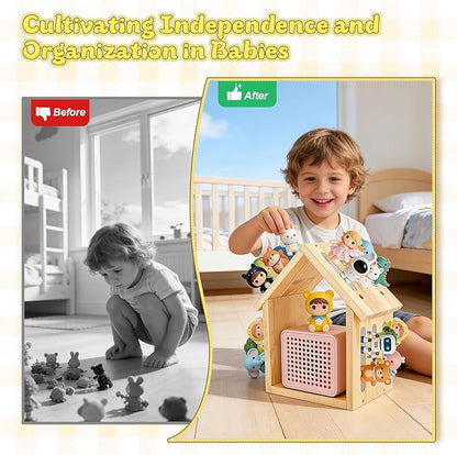 Étagère Murale Magnétique pour Toniebox et Figurines Tonies – Support de Rangement en Bois Forme Maison pour Chambre Enfant