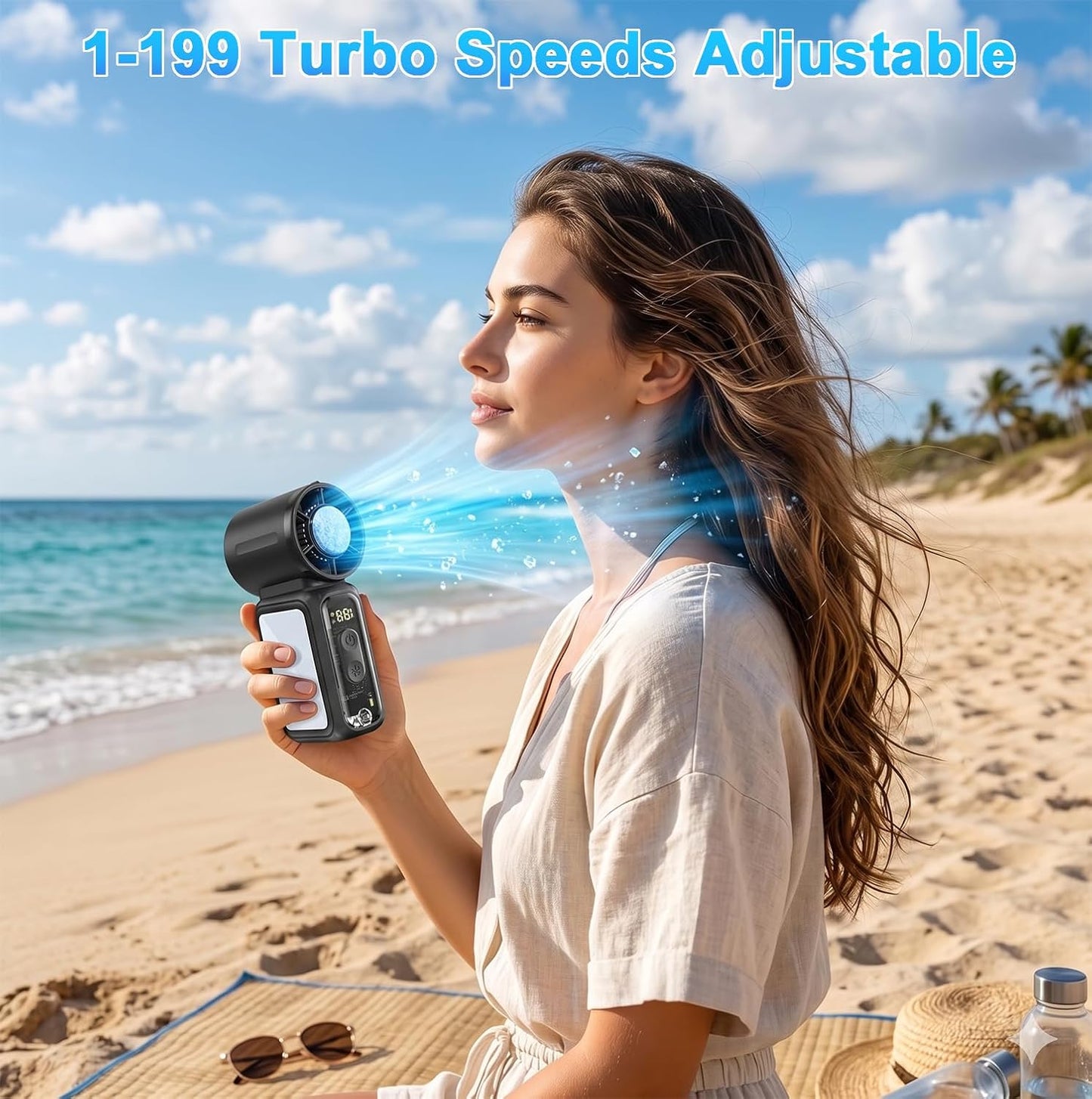 Ventilateur climatiseur de poche rechargeable USB 18000 tr/min avec écran numérique, mini ventilateur portable refroidissement instantané, 199 vitesses, batterie rechargeable, pour voyage, bureau, plage et été