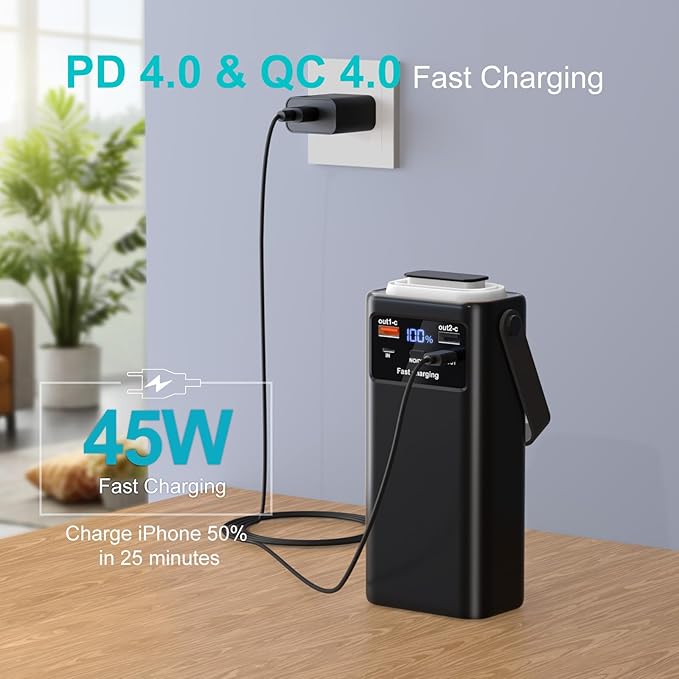Batterie Externe 60000mAh Power Bank PD45W Charge Rapide USB-C – 4 Câbles Intégrés, Lampe LED, Affichage Digital