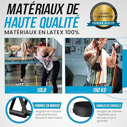 Kit Élastiques de Musculation 150 lbs avec Poignées et Ancrage de Porte pour Fitness Renforcement Musculaire