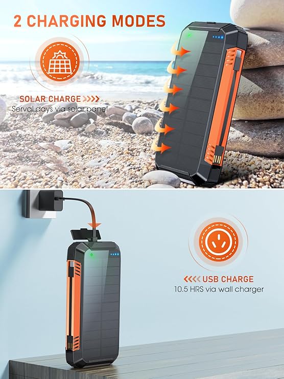 Batterie Externe Solaire 49800mAh PD30W USB-C | Power Bank Charge Rapide avec 2 Câbles Intégrés, 3 Sorties & 2 Entrées, Lampe Torche LED | Chargeur Portable Étanche pour Smartphone, Tablette – Noir Orange