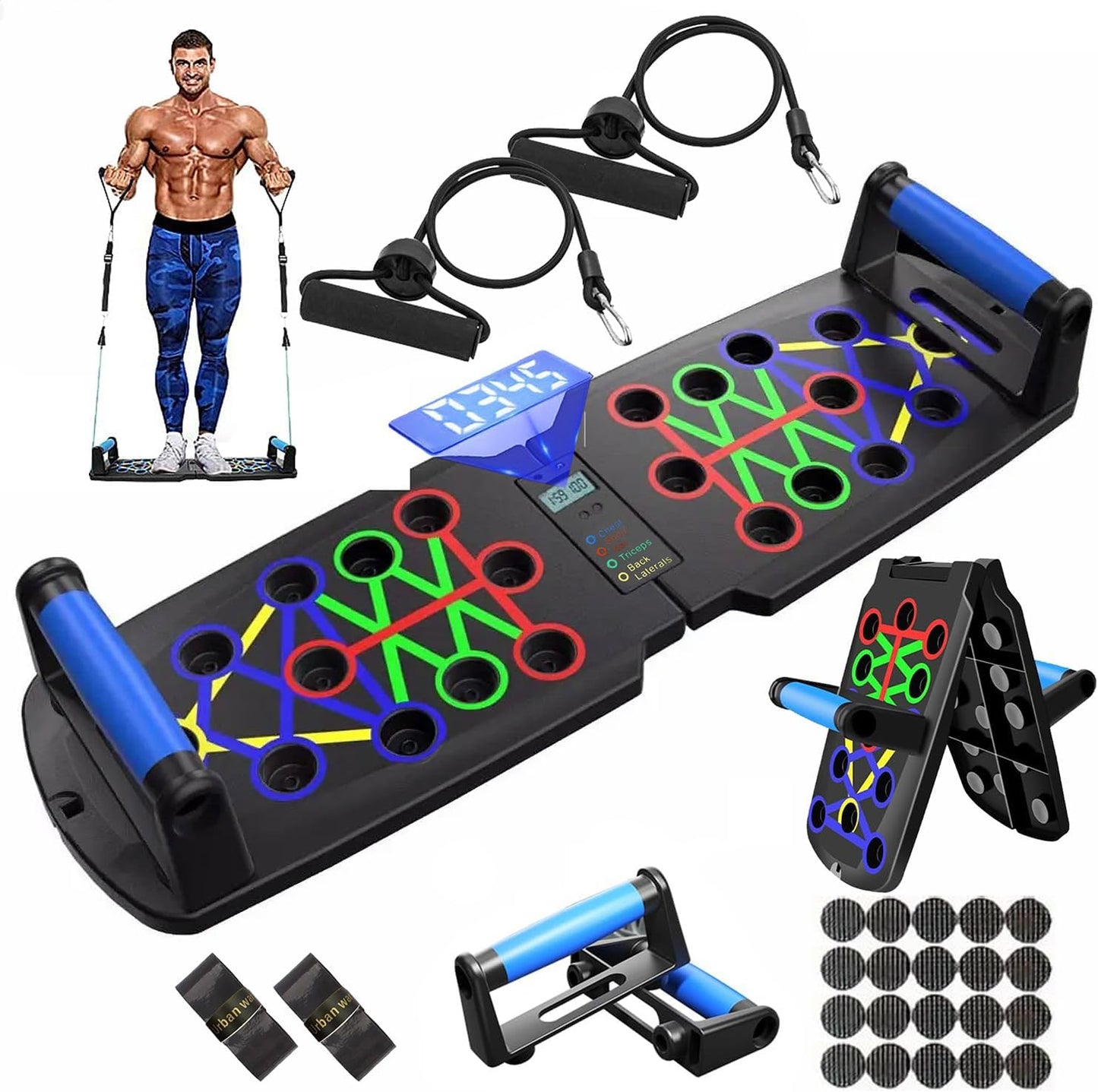 Planche de Pompes Multifonction Pliable – Push Up Board avec Poignées Antidérapantes, Bandes de Résistance et Compteur