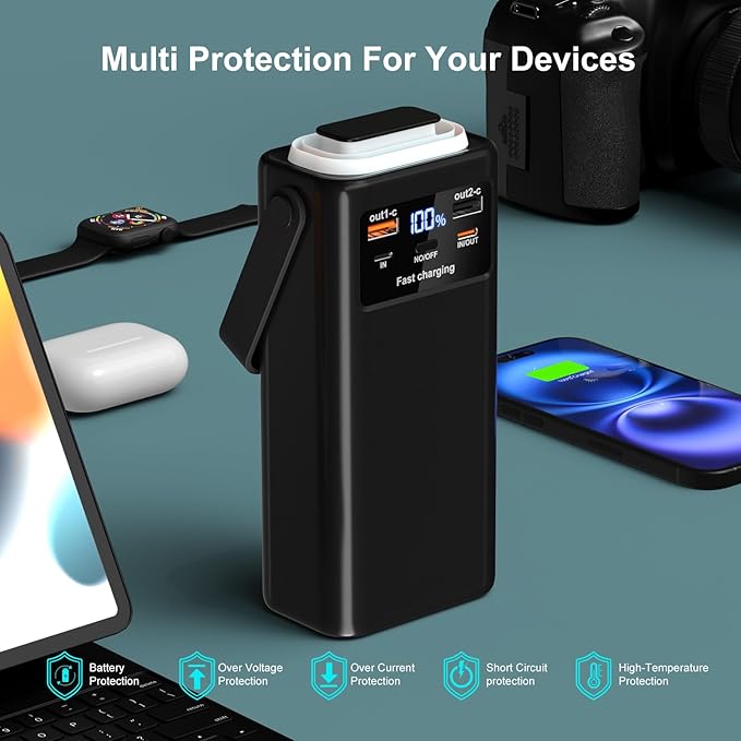 Batterie Externe 60000mAh Power Bank PD45W Charge Rapide USB-C – 4 Câbles Intégrés, Lampe LED, Affichage Digital