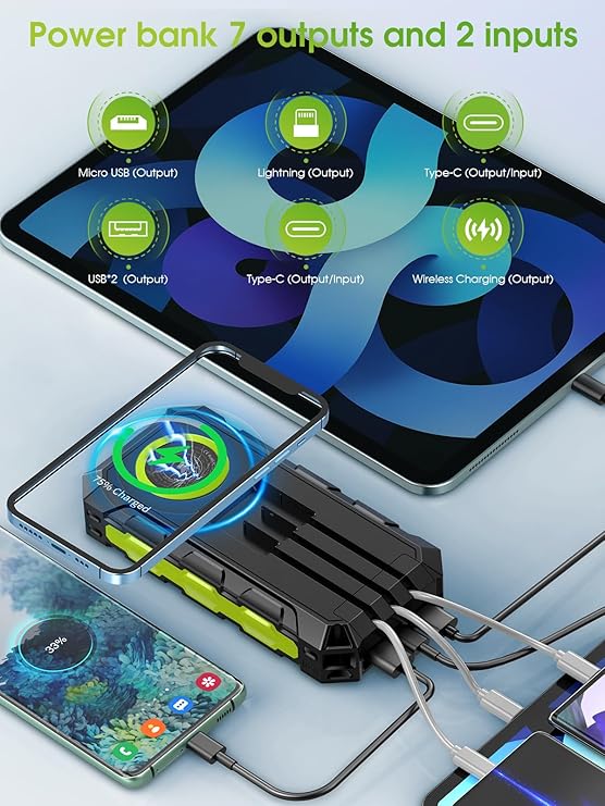 Batterie Externe Solaire 52800mAh Charge Rapide 30W USB-C Power Bank avec 3 Câbles Intégrés, Recharge Sans Fil, 7 Sorties, Lampe LED, Étanche Camping Voyage – Noir Vert
