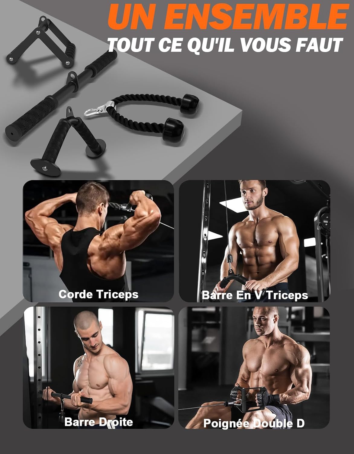 Kit Accessoires Musculation Poulie – Barre de Tirage, Poignée Double D, Barre Droite & Corde Triceps – Home Gym & Salle de Sport