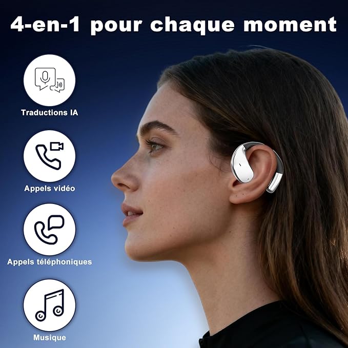 Écouteurs Bluetooth 6.1 Open Ear – Traduction IA 198 Langues – Micro ENC HD – 80h Autonomie – Android & iPhone