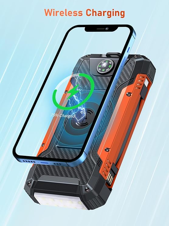 Batterie Externe Solaire 49800mAh PD30W USB-C | Power Bank Charge Rapide avec 2 Câbles Intégrés, 3 Sorties & 2 Entrées, Lampe Torche LED | Chargeur Portable Étanche pour Smartphone, Tablette – Noir Orange