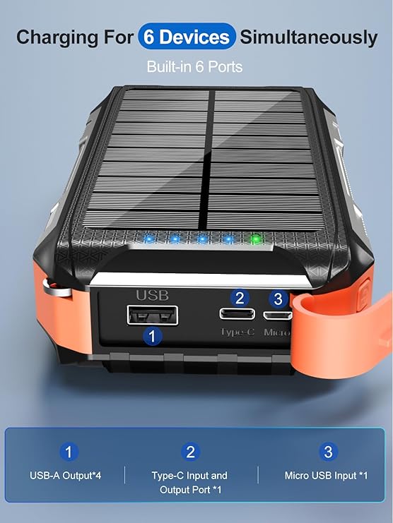 Batterie Externe Solaire 26800mAh Charge Rapide 30W USB-C Power Bank Magnétique Sans Fil avec 4 Câbles Intégrés, 7 Ports, Lampe LED, Étanche Camping Voyage – Noir Orange