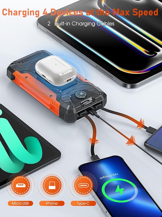 Batterie Externe Solaire 49800mAh PD30W USB-C | Power Bank Charge Rapide avec 2 Câbles Intégrés, 3 Sorties & 2 Entrées, Lampe Torche LED | Chargeur Portable Étanche pour Smartphone, Tablette – Noir Orange