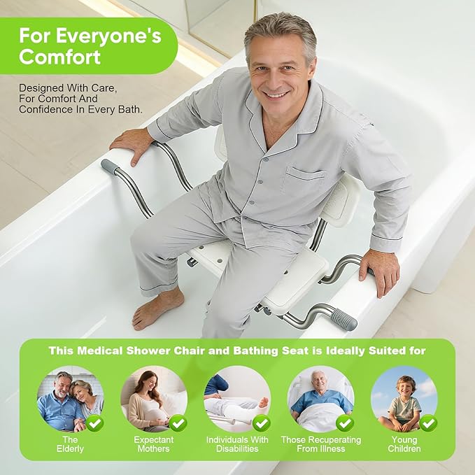 Siège de Baignoire Senior Réglable en Aluminium avec Dossier – Tabouret de Bain Antidérapant Charge 150 kg – Aide à la Mobilité pour Personnes Âgées – Blanc –