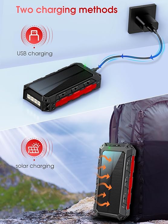 Batterie Externe Solaire 52800mAh Power Bank Étanche QC3.0 PD USB-C – 5 Sorties, Lampe LED, Boussole, Mousqueton – Rouge