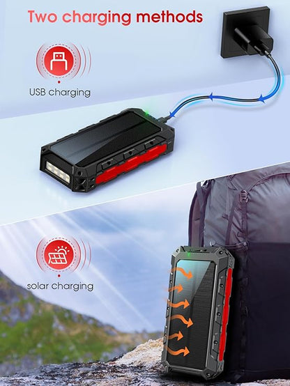 Batterie Externe Solaire 52800mAh – Étanche QC3.0 & PD USB-C, 5 Sorties, Lampe LED, Boussole, Mousqueton – Rouge
