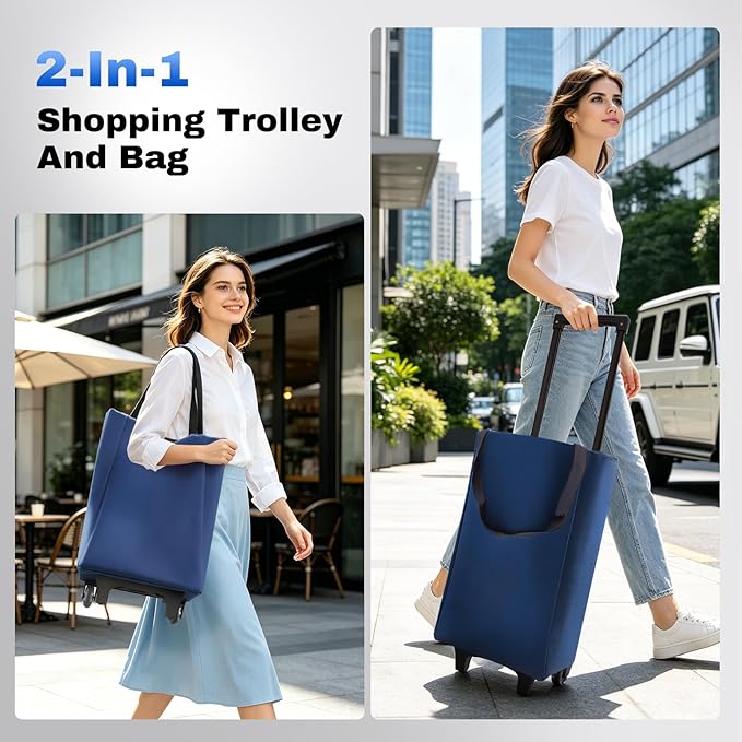 Chariot de Courses Pliable 2 en 1 avec Sac 13,5 L – Sac de Courses à Roulettes Léger pour Marché, Voyage et Camping