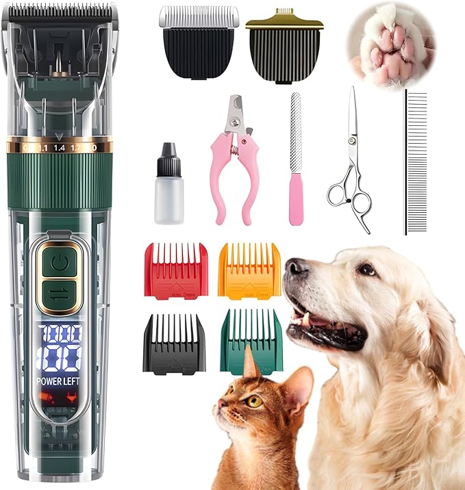 Tondeuse Professionnelle pour Chien et Chat LED Étanche IPX7 Rechargeable 3 Vitesses avec Accessoires