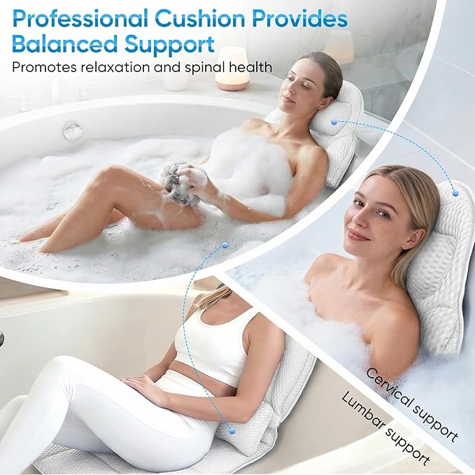 Coussin de Bain Full Body avec Appui-Tête et Support Lombaire – Tapis de Baignoire 5D Antidérapant avec Ventouses – 142 x 48 cm