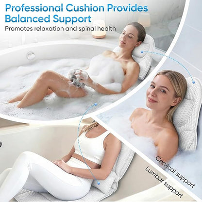Coussin de Bain Full Body avec Appui-Tête et Support Lombaire – Tapis de Baignoire 5D Antidérapant avec Ventouses – 142 x 48 cm