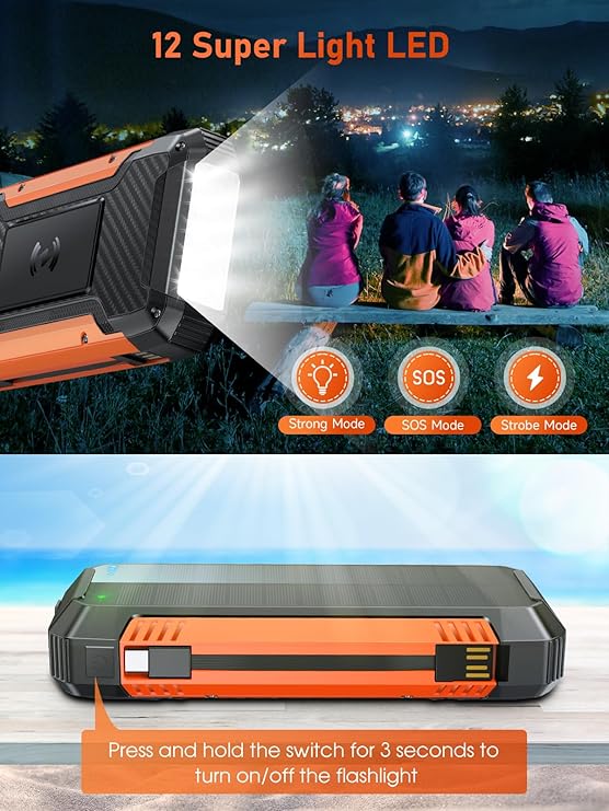 Batterie Externe Solaire 49800mAh PD30W USB-C | Power Bank Charge Rapide avec 2 Câbles Intégrés, 3 Sorties & 2 Entrées, Lampe Torche LED | Chargeur Portable Étanche pour Smartphone, Tablette – Noir Orange