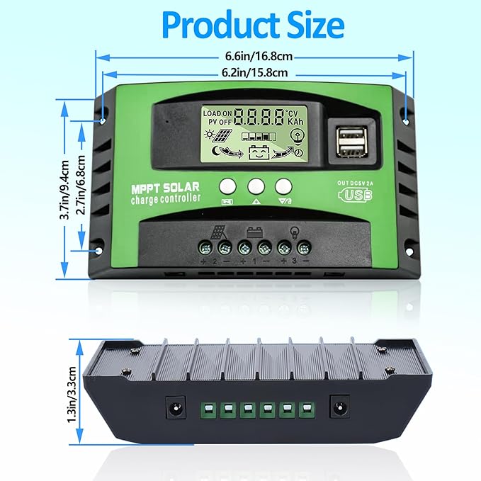 Régulateur de charge solaire MPPT 100A 12V/24V – Contrôleur batterie solaire avec écran LCD, sonde température, ports USB