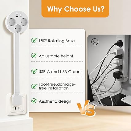 Multiprise Extensible Orientable 180° avec USB-A et USB-C – Rallonge de Prise Murale 5 Ports – Barre d’Extension Rétractable