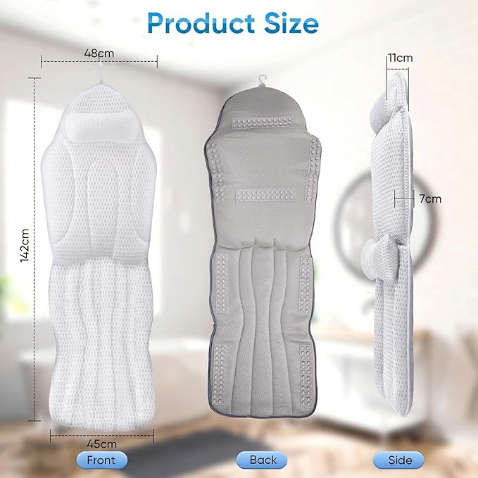 Coussin de Bain Full Body avec Appui-Tête et Support Lombaire – Tapis de Baignoire 5D Antidérapant avec Ventouses – 142 x 48 cm