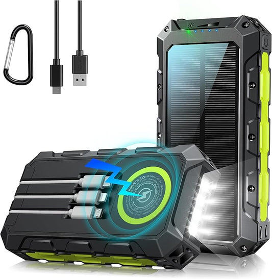 Batterie Externe Solaire 52800mAh Charge Rapide 30W USB-C Power Bank avec 3 Câbles Intégrés, Recharge Sans Fil, 7 Sorties, Lampe LED, Étanche Camping Voyage – Noir Vert