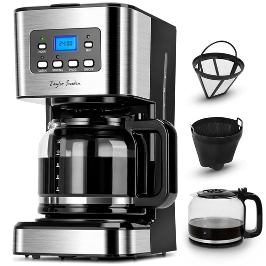Cafetière Électrique 1,5L 12 Tasses avec Filtre Réutilisable – Machine à Café Programmable 950W, Maintien au Chaud, Idéale Maison & Bureau