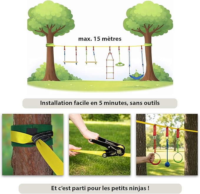 Kit Parcours Ninja Slackline 15 m – Obstacles, Échelle, Anneaux & Balançoire – Extérieur Enfants