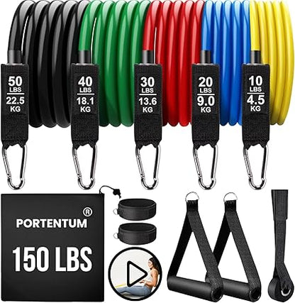 150 lbs Resistance Band Set – 5 Resistance Levels, Ergonomic Handles & Door Anchor, Fitness & Muscle Strengthening
