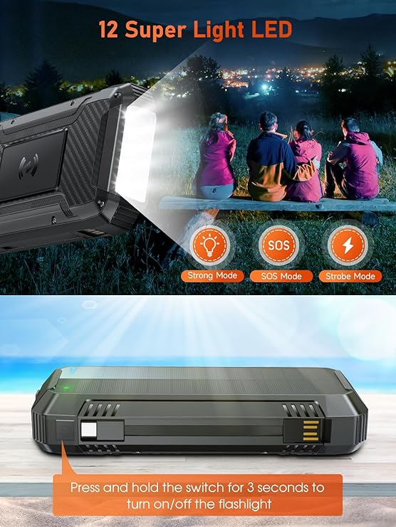 Batterie Externe Solaire 49800mAh Charge Rapide 30W USB-C Power Bank avec Recharge Sans Fil, Câbles Intégrés, Étanche, Lampe LED, Multi Ports Smartphone Camping Voyage – Noir