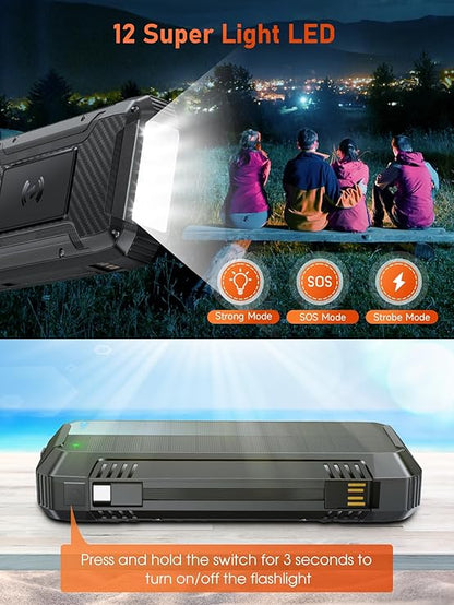Batterie Externe Solaire 49800mAh 30W USB-C – Sans Fil Induction – Câbles Intégrés + LED – Noir