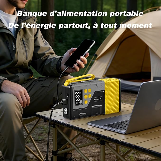 Démarreur de voiture portable 3000A avec compresseur d’air 150 PSI – Booster batterie 12V essence & diesel – Gonfleur pneus avec lampe LED