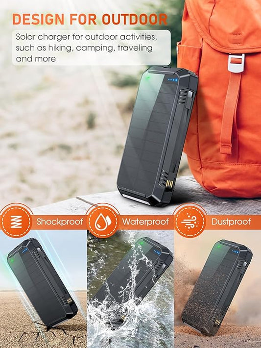 Batterie Externe Solaire 49800mAh Charge Rapide 30W USB-C Power Bank avec Recharge Sans Fil, Câbles Intégrés, Étanche, Lampe LED, Multi Ports Smartphone Camping Voyage – Noir