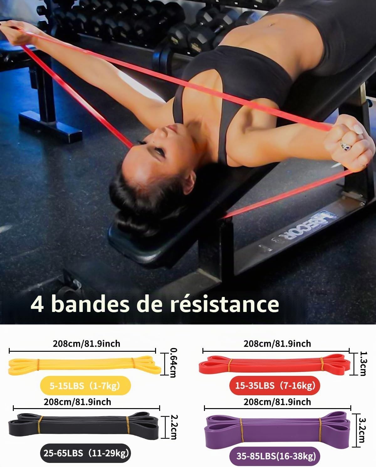 Lot de 4 Bandes de Résistance Musculation Fitness Yoga Pilates avec Poignées Ancrage de Porte et Sac de Transport
