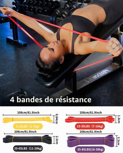 Lot de 4 Bandes de Résistance – Musculation, Fitness, Yoga & Pilates, Poignées, Ancrage de Porte & Sac de Transport