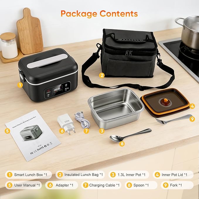 Gamelle Chauffante Électrique Sans Fil 24000mAh 1,3L avec Minuterie 12H USB Rechargeable – Lunch Box Chauffante Portable pour Bureau, Voyage, Pique-Nique – Noir