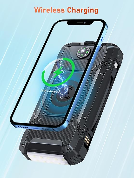 Batterie Externe Solaire 49800mAh Charge Rapide 30W USB-C Power Bank Étanche avec Câbles Intégrés, Lampe LED, Induction Sans Fil, Multi Ports Smartphone Camping – Noir