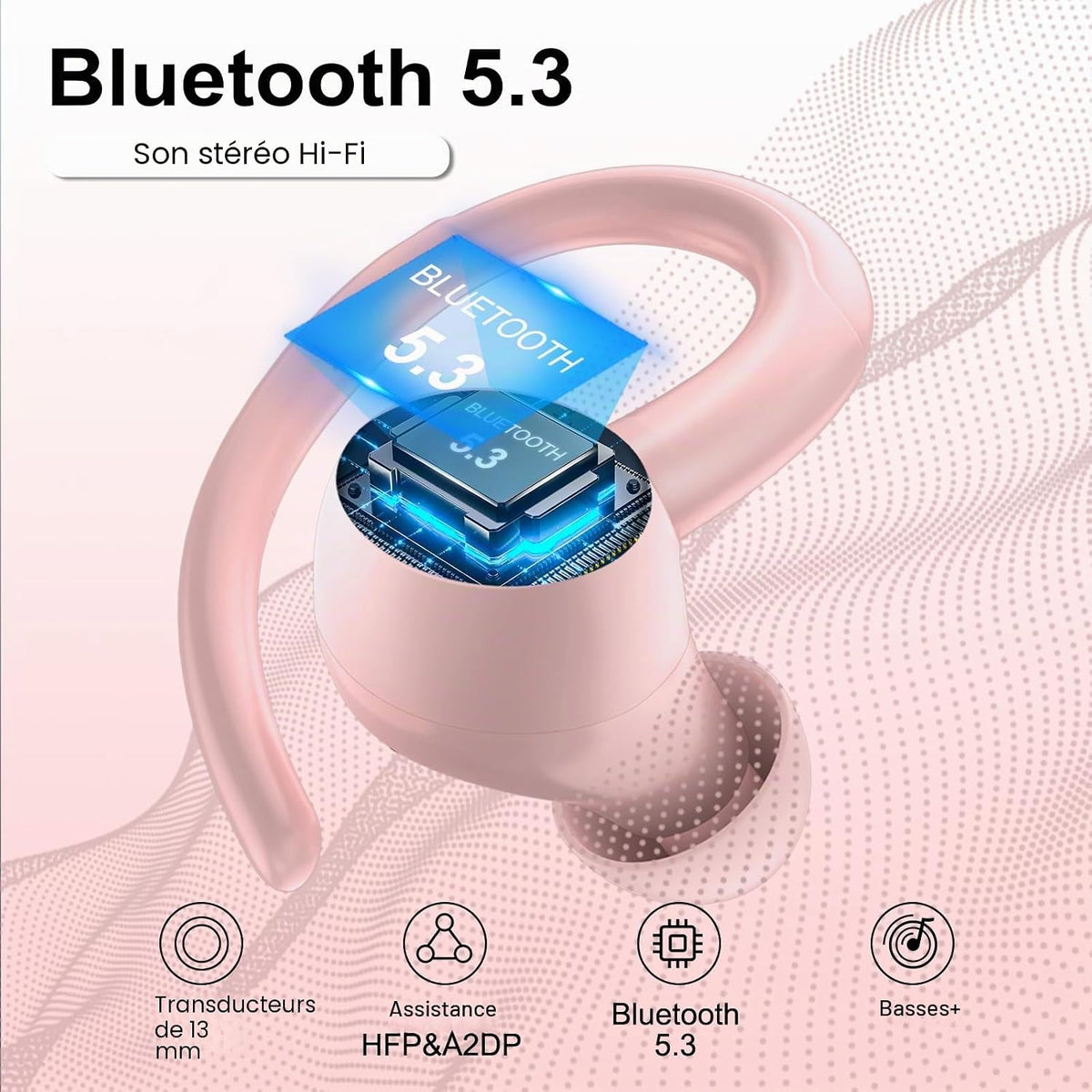 Auriculares Bluetooth 5.4 deportivos inalámbricos – 48 h de autonomía, ganchos para las orejas, pantalla LED, micrófono ENC, IPX7 – Rosa