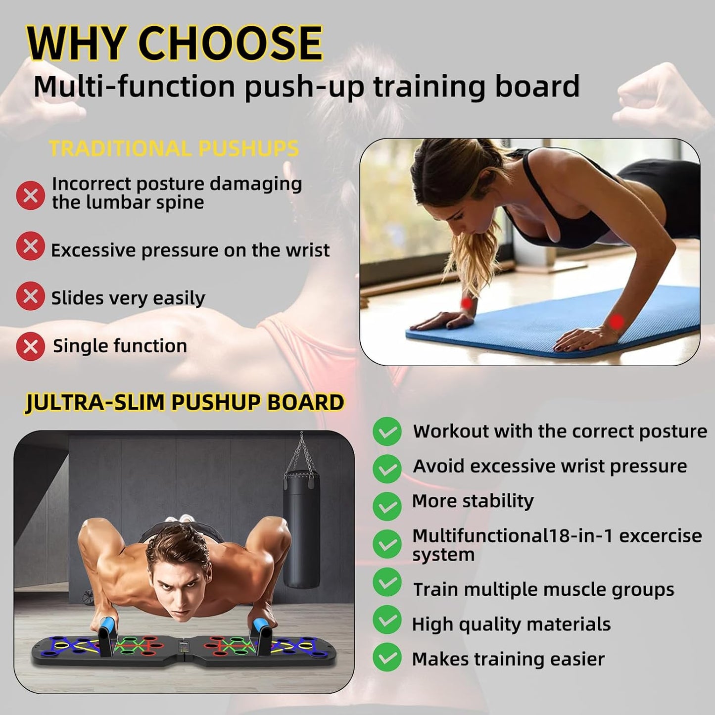 Planche de Pompes Multifonction 26 en 1 Pliable avec Bandes de Résistance et Poignées Antidérapantes Fitness Musculation